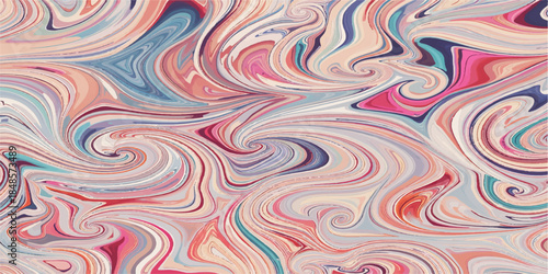 Colorful abstract seamless pattern with psychedelic rainbow waves and bright vintage stripes creates a vibrant vector wallpaper illustration featuring retro pink green and purple line art textures.