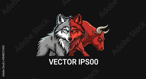 Wolf and bull head split design with dark background