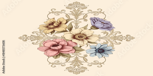 Vector illustration of a bouquet of roses and flowers featuring organic dried nuts and raw seeds as a healthy snack ingredient isolated on a white background.