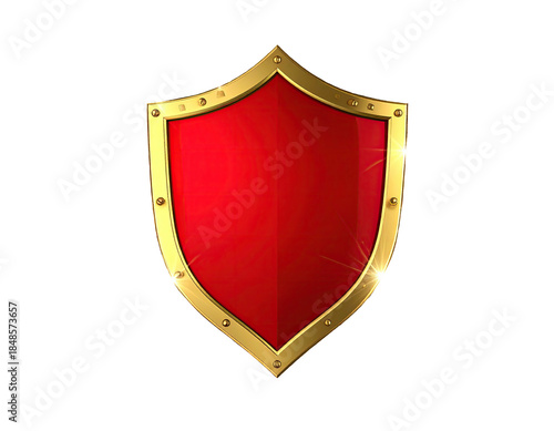 A glossy, red shield with a gold trim and stud details on black background Free Download A glossy, red shield with a gold trim and stud details on black background - GFXLoad