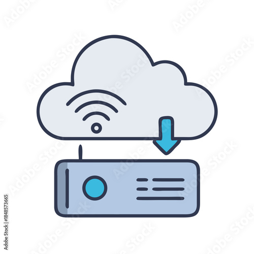 Cloud Storage Downloading Data to Server, Wireless Network Flat Vector Illustration