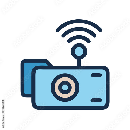 Stylized blue camera icon with antenna for wireless connection and technology