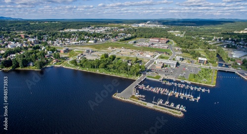 Aerial View of a Lac-Megantic, Quebec, Canada, With Boats Docked on the harbor on a Sunny Day