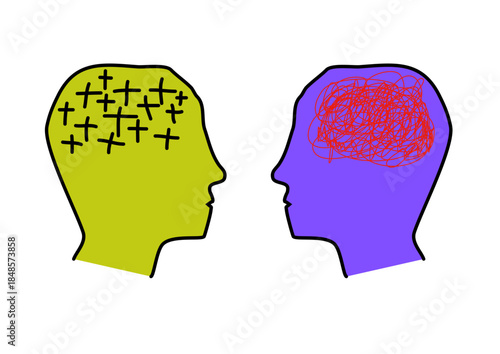 Two human profiles representing mental health contrast: one with a messy scribble of anxiety and stress, the other with positive plus symbols of health and recovery. Vector illustration. svg file.