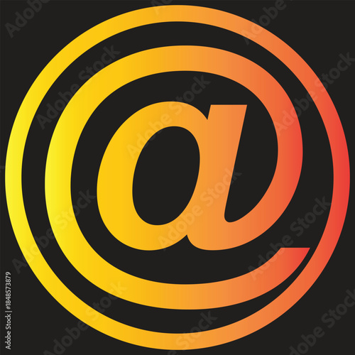 A vibrant, gradient-colored at symbol enclosed in a matching circular outline against a dark background, representing digital communication and internet.