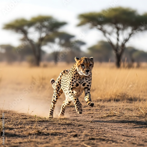 Cheetah running swiftly across savannah landscape in daylight