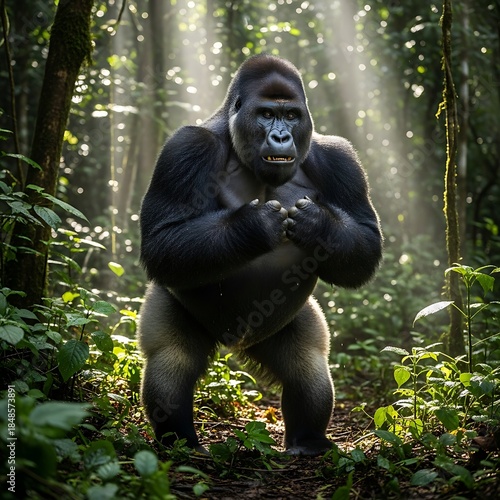 Majestic gorilla standing in lush forest with sunlight filtering through trees