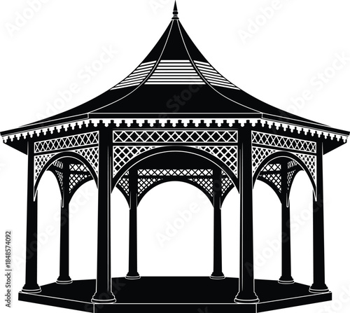 Garden gazebo pavilion silhouette illustration, classic outdoor architecture structure, black white minimalist vector design isolated on white background graphic