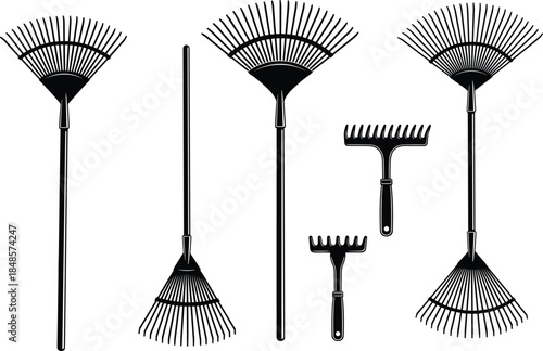 Garden rake silhouettes set, leaf rakes and hand rakes tools collection isolated on white background, landscaping gardening equipment vector illustration
