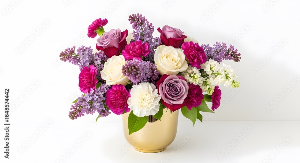 Obraz premium Vibrant flower arrangement in cream vase on white background