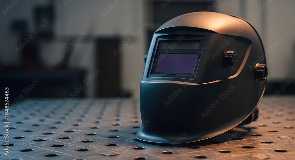 Fototapeta premium A dark auto-darkening welding mask resting on a metal workbench in a professional industrial workshop, representing the safety and craftsmanship concept