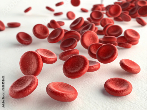 3D render of a loose, scattered arrangement of red blood cells (erythrocytes) gently floating and overlapping on an immaculate white surface. The cells are depicted with slight variations in angle