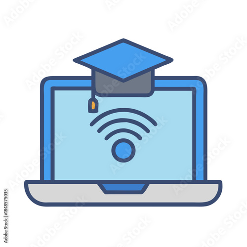 Online Education: Laptop displaying Wifi symbol under Graduation Cap against black background