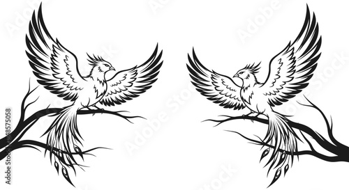 Birds perched on branches with outstretched wings