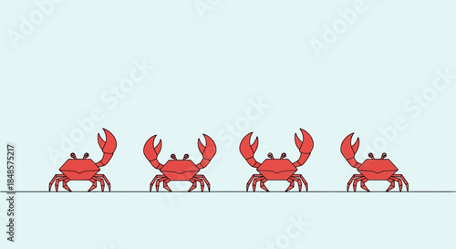 Five red crabs walking on a line