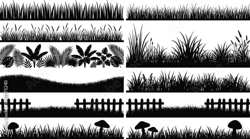 Grass silhouette border set, tropical palm leaves, meadow field background, wooden fence garden design, black nature vector illustration, wild plant.