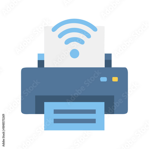 Blue wireless printer printing a document on a black background, modern icon