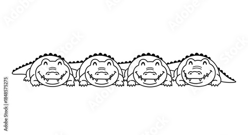 Four smiling crocodile heads in a row