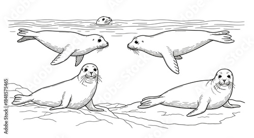 Seals swimming and resting on rocks