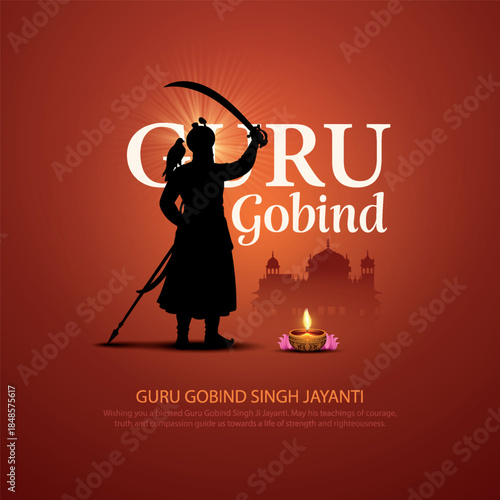 Creative vector illustration of guru gobind singh silhouette design with golden temple and Diya’s for Guru Gobind Singh Jayanti celebration.