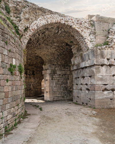 Ancient stone archway and vaulted passage within the historic Pergamon ruins, Bergama, Turkey. Weathered archaeological site.