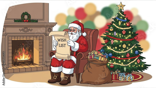 Santa Claus reading a wish list by a fireplace and Christmas tree festive holiday scene for winter celebrations