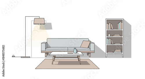 Stylized living room interior design with modern sofa, bookshelf, floor lamp, and coffee table evokes a calm and serene feeling for home decor ads