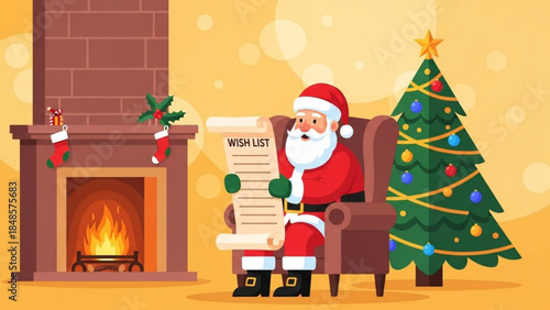 Santa Claus sitting in armchair reading wish list next to Christmas tree and fireplace festive holiday illustration
