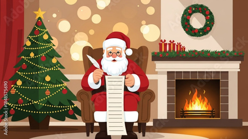 Santa Claus writing a list by a fireplace and Christmas tree festive holiday scene for winter celebrations and greetings