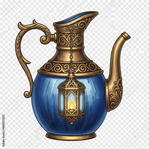 Ornate blue and gold pitcher with hanging lantern antique decorative vessel for fantasy or Arabian nights themes isolated on transpar