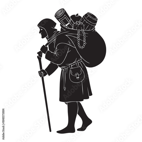Medieval pilgrim wanderer walking with stick carrying large sack over shoulder silhouette monk beggar historical figure journey traveler quest