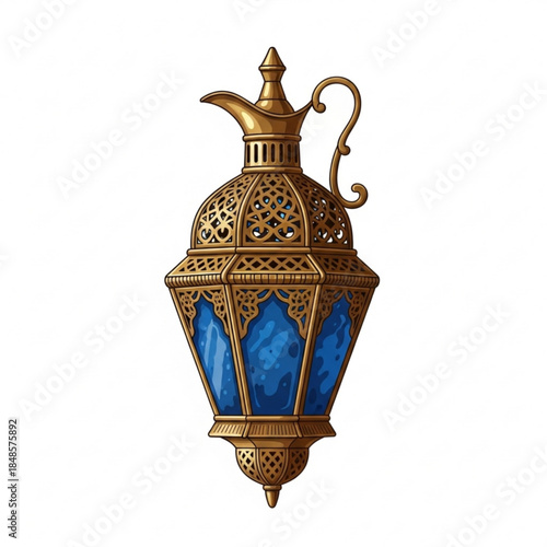 Ornate antique Arabic lantern intricate golden metalwork with blue glass isolated on white background for cultural decor