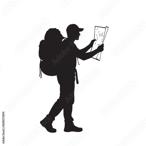 Hiker man in cap backpack checking map navigation black silhouette traveler exploring trail adventure trek route guidance journey discovery pathfinding expedition
