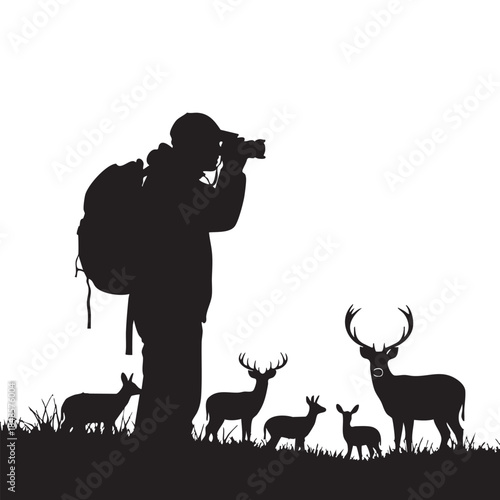 Wildlife photographer man backpack capturing images of deer herd in grass silhouette nature exploration animal photography outdoor enthusiast