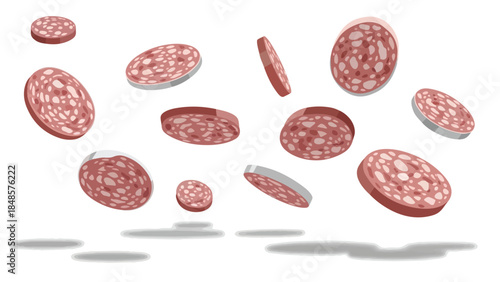 Dynamic illustration of savory cured sausage slices suspended in motion above a clean white backdrop