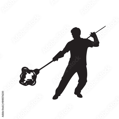 Glassblower Crafting Molten Glass Silhouette Artisanal Creation Process Handcrafted Art Form Skillful Workmanship Transparent Material Forming Design Element