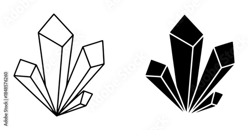 Black and white geometric crystal cluster outline and solid silhouette mineral rock