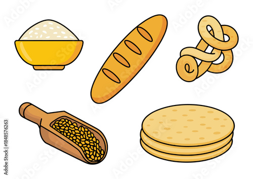 Assortment of baked goods and grains including a bowl of rice a baguette a pretzel a scoop of seeds and flatbreads