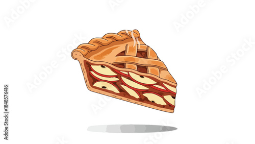 A delectable slice of warm, inviting apple pie, featuring a golden lattice crust and vibrant fruit filling, presented as a charming, handcrafted