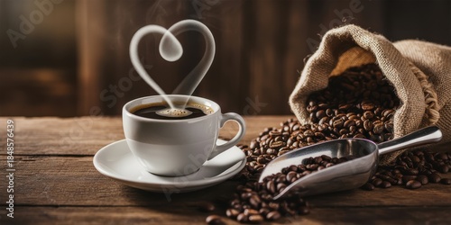 White cup of black coffee with heart-shaped steam on wooden table with coffee beans and scoop