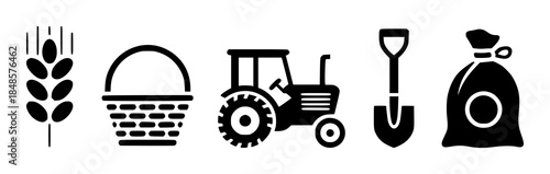Black silhouette of wheat stalk basket tractor shovel and sack white grain woven