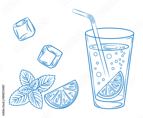 Blue of a tall glass filled with a bubbly drink ice cubes mint leaves and lemon slices