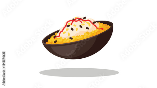 An appealing illustration of a flavorful rice bowl adorned with creamy sauce and savory toppings