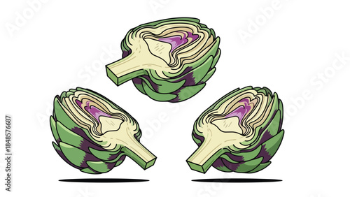 Vibrant illustration of three fresh artichoke halves showcasing their unique internal structure with rich green leaves and purple heart details food
