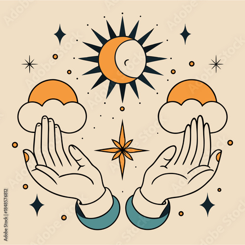 Whimsical illustration for Adobe Stock. Two open hands cradle sun-topped clouds below a moon-sun and stars. Intended for sale as stock art., sea, vector, cartoon, illustration, sun, summer, fish