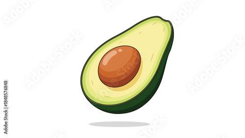 Green avocado half sliced revealing creamy pale green flesh and brown pit floating above white background crisp vector illustration symbolizing