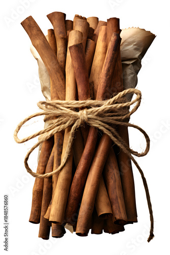 Bunch of cinnamon sticks tied with jute rope on black background