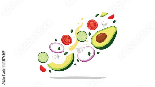 Vibrant culinary illustration of fresh salad components in dynamic motion, perfect for health designs