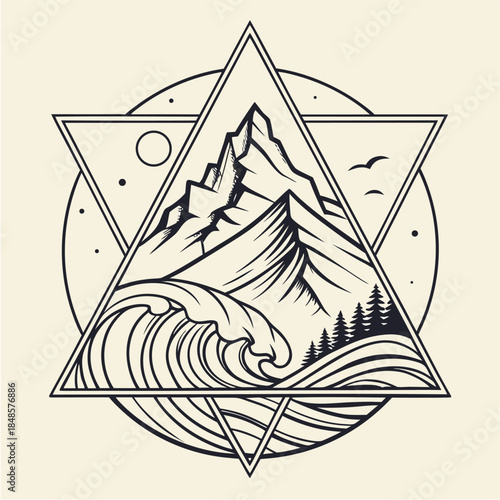 Triangle landscape with mountain, sea, and forest vector illustration.

