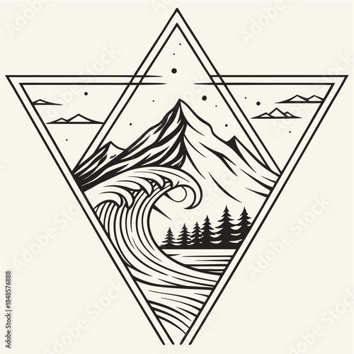 Geometric Nature Icon: Mountain, Wave, and Pines.

